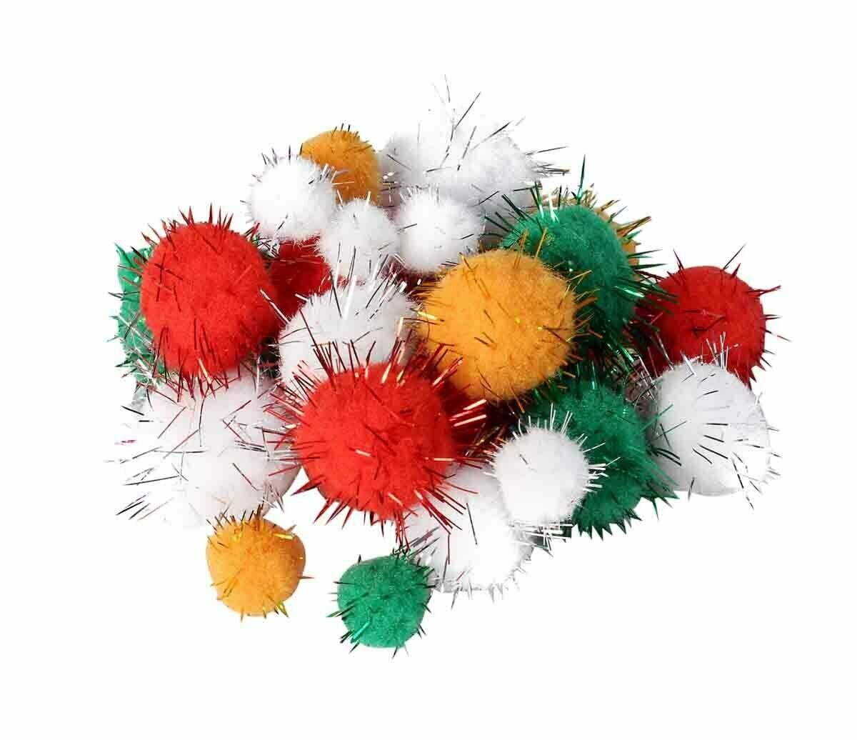 Pompons métallisés vert, rouge et blanc tailles assorties (72 pièces)