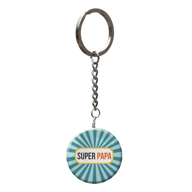 Porte clés en verre effet 3D "super papa" (chaine nickel)