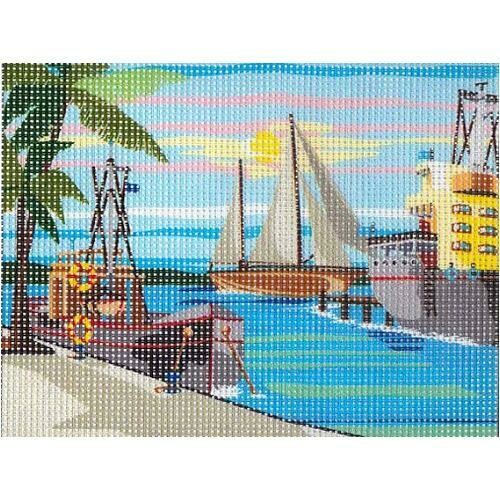 Kit complet canevas Port de pêche - 100% coton - 15 x 20 cm