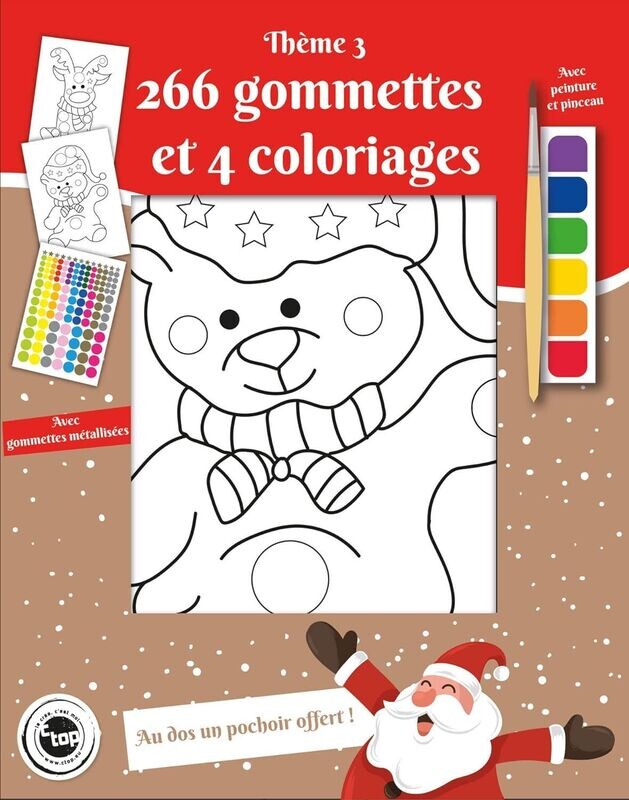 Kit 4 Coloriages thème 3 Noel - 266 gommettes - pinceau - peintures -  pochoir