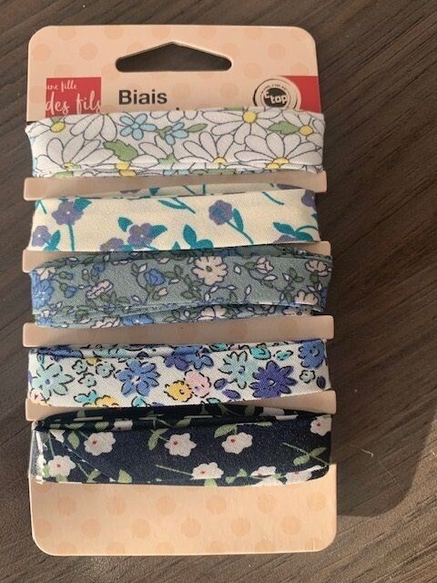 Biais coton motif fleurs bleu/vert (5 rubans)