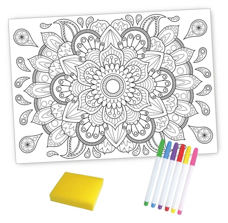 Kit Coloriage magique Mandala - set table silicone  - 6 feutres - éponge- de 29,7 x 42 cm