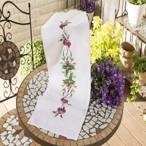 Kit chemin de table à broder  fleur rose -100% Coton - 40 x 100 cm