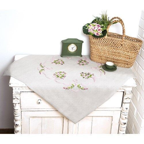 Kit Nappe à broder Romantique fleurs  -100% Coton - 80 x 80 cm