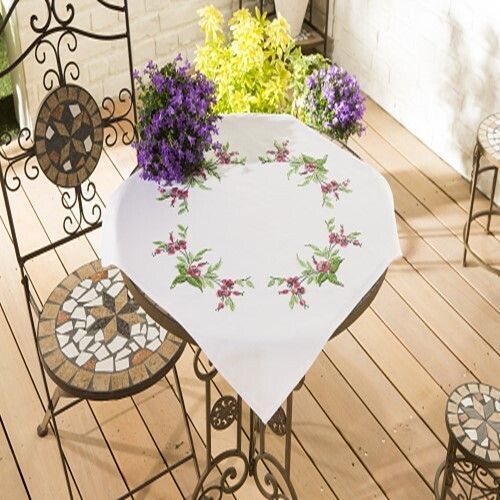 Kit Nappe à broder Fleurs rose -100% Coton - 80 x 80 cm