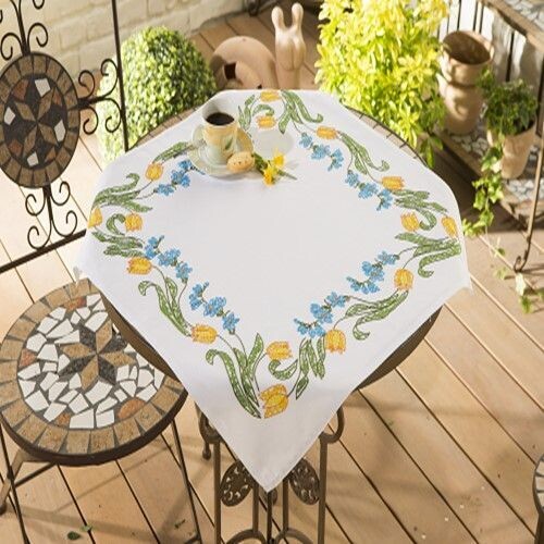 Kit Nappe à broder Fleurs jaune bleu - 100% Coton - 80 x 80 cm