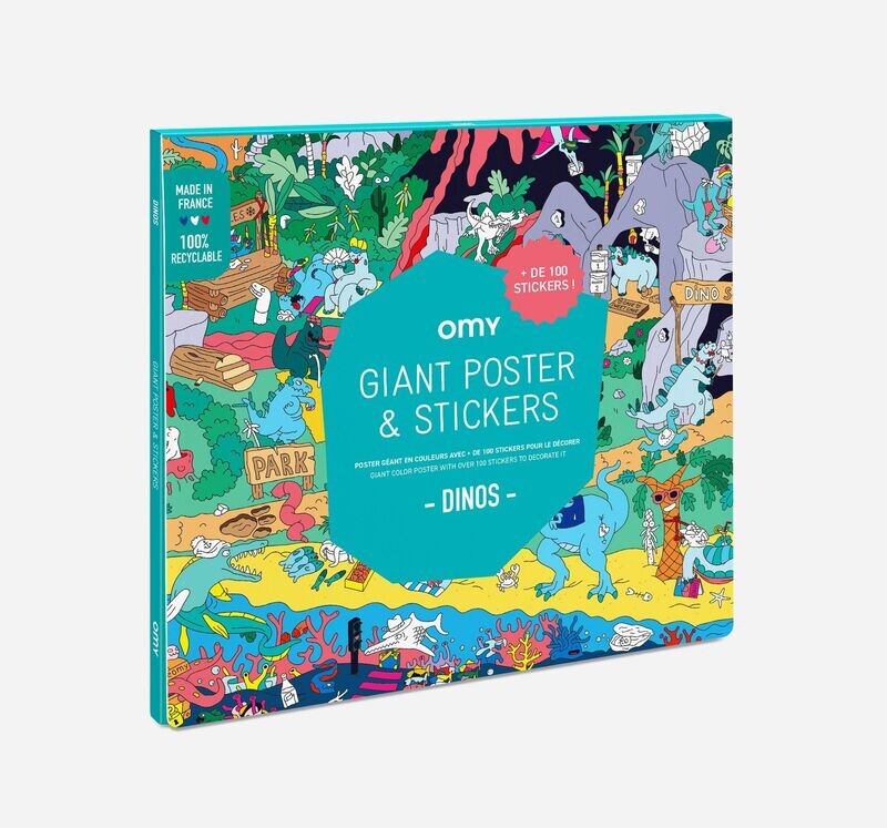 Poster géant DINOSAURE en couleur avec + 100 stickers pour le décorer  (made in France) marque OMY