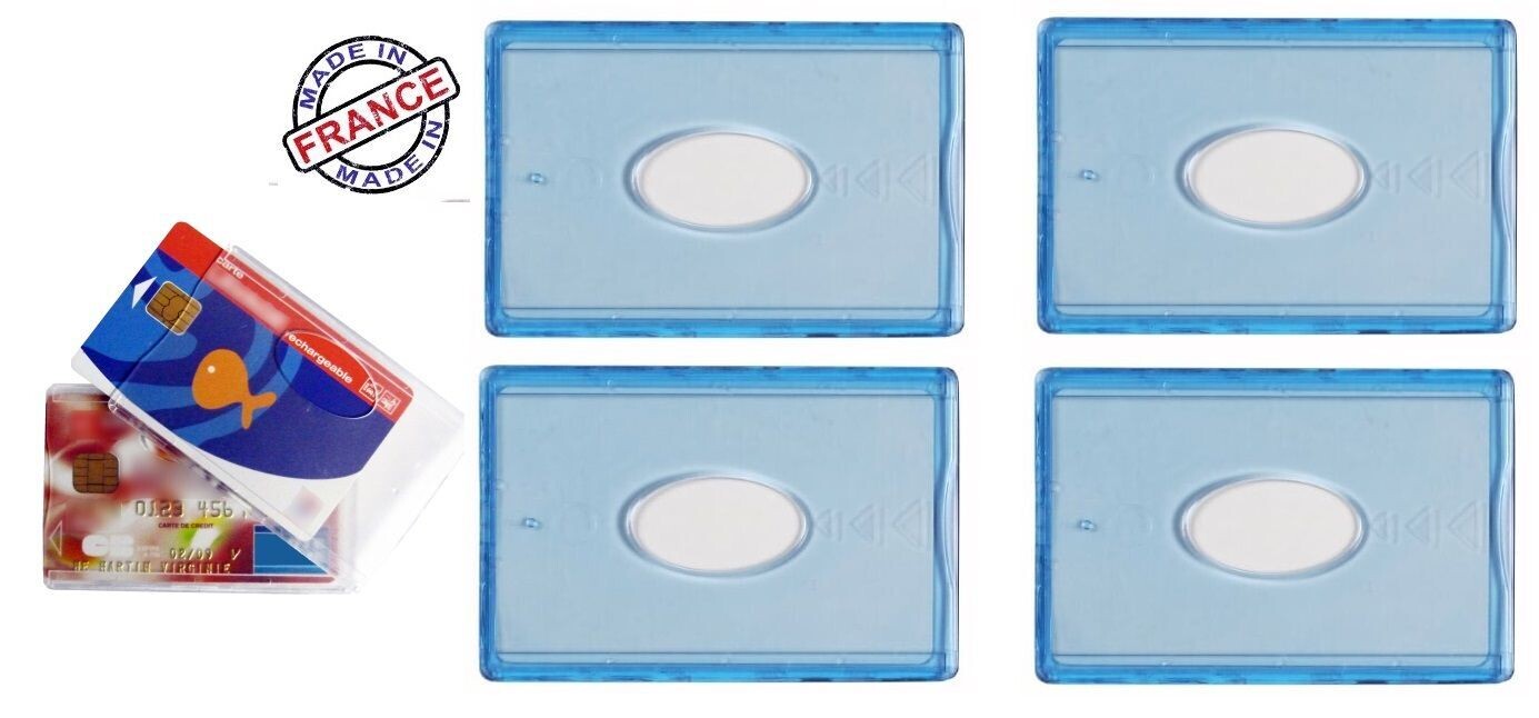 Lot de 4 Etuis Porte carte rigide Bleu Transparent, Fabriqué en France idéal cartes bancaires CB, Transport, Navigo, Carte Vitale, Etudiant, Professionnelle