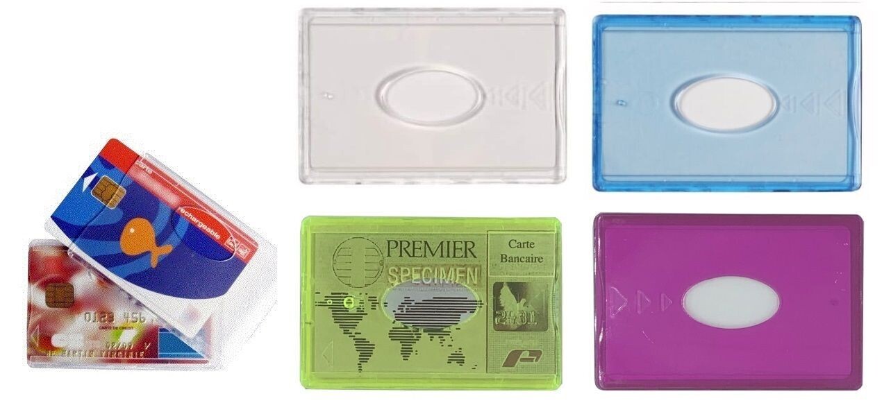 Lot de 4 Etuis Porte carte rigide Bleu + Transparent + Jaune + Rose, Fabriqué en France idéal cartes bancaires CB, Transport, Navigo, Carte Vitale, Etudiant, Professionnelle