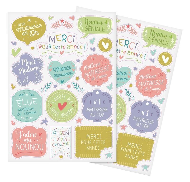 Gommettes merci maîtresse - 74 pièces - de 0,60 à  7,5 cm