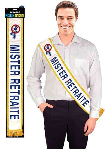 Echarpe MISTER RETRAITE - satinée design pailleté bordure dorée - Taille unique - Humour fête gadget