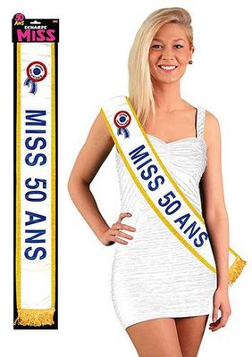 Echarpe MISS 50 ans - satinée design pailleté bordure dorée - Taille unique - Humour anniversaire gadget