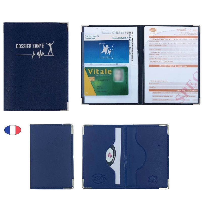 Lot étui porte ordonnance + protège 2 cartes bancaire anti piratage bleu marine