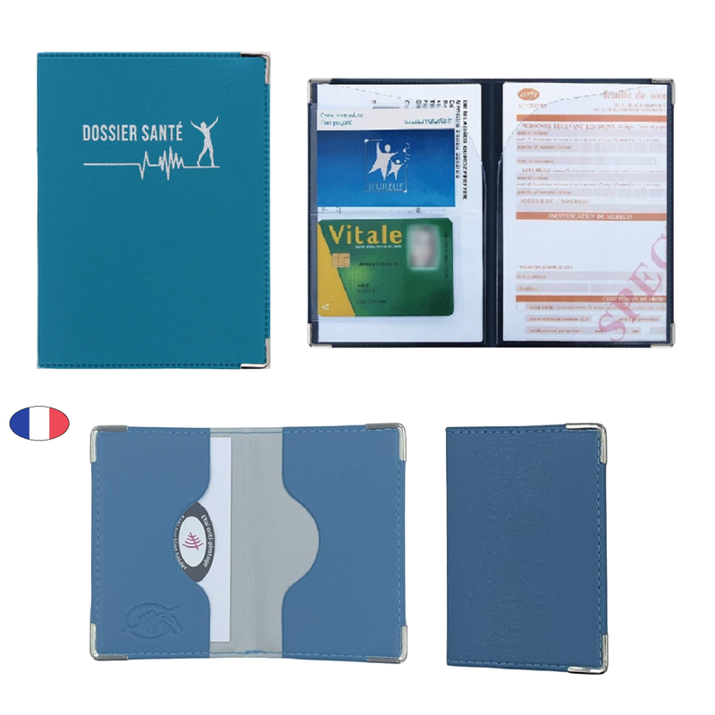 Lot étui porte ordonnance + protège 2 cartes bancaire anti piratage bleu turquoise