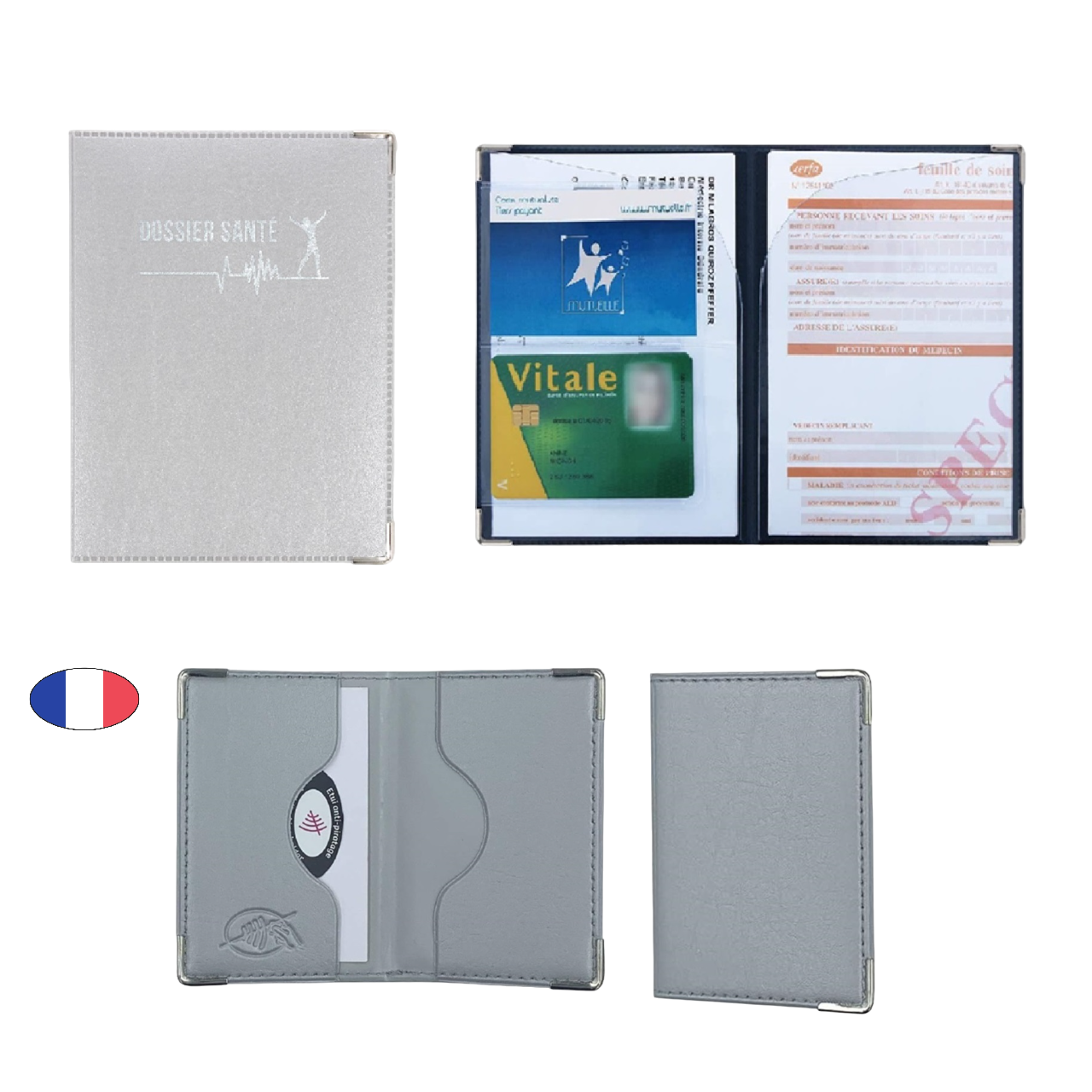 Lot étui porte ordonnance + protège 2 cartes bancaire anti piratage gris argent