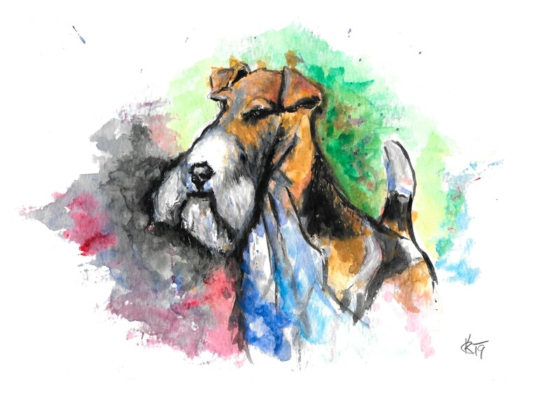 WIRE FOXTERRIER PORTRIAT AQUAREL - ARTPRINT 40x50cm, limited