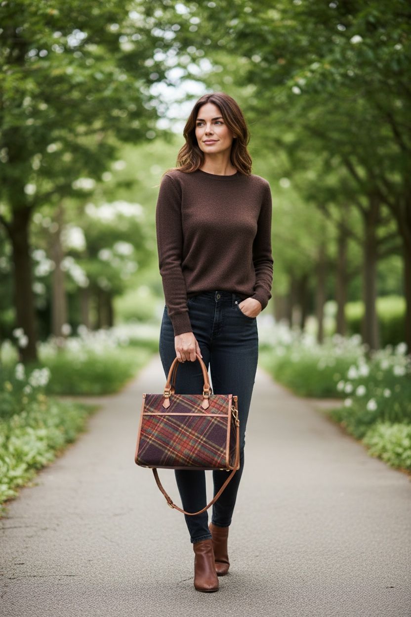 21040 Tweed Structured Shoulder Bag Burgundy Green