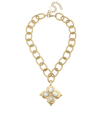 Gold Clover with White Quartz Necklace
