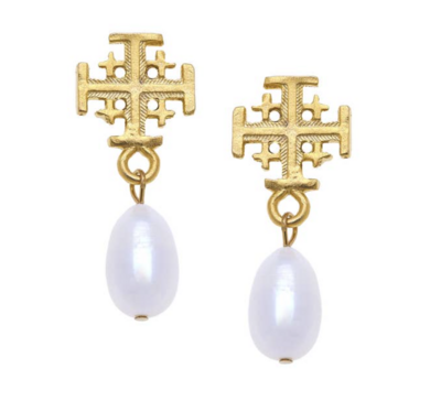Gold Multi Cross and Freshwater Pearl Earrings
