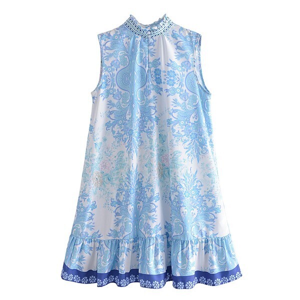 Blue Flower High Neck Dress