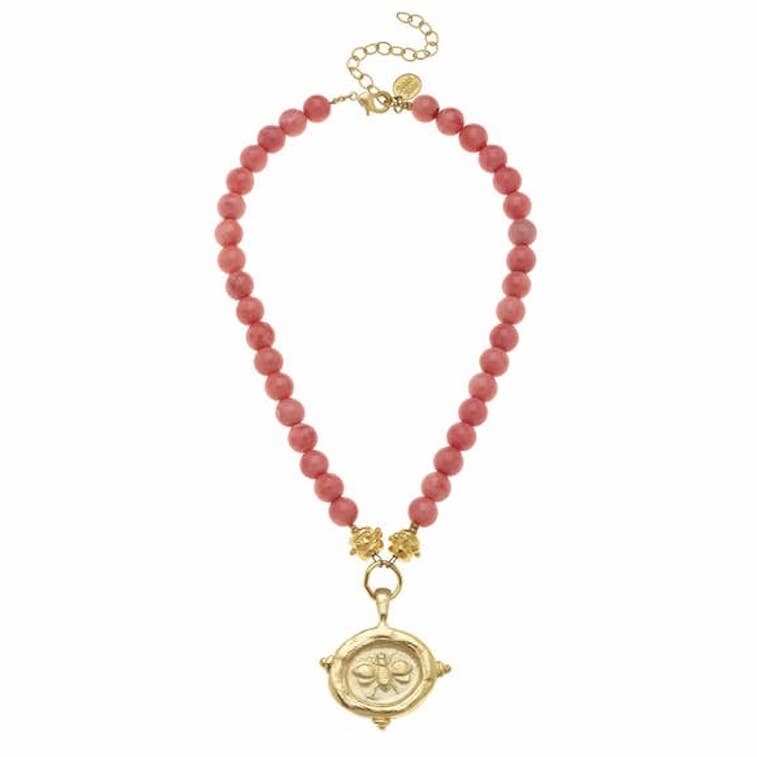 Handcast Gold Bee Intaglio on Pink Coral Necklace