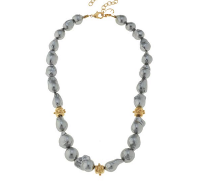 Gold Bead and Grey Freshwater Baroque Pearl Necklace