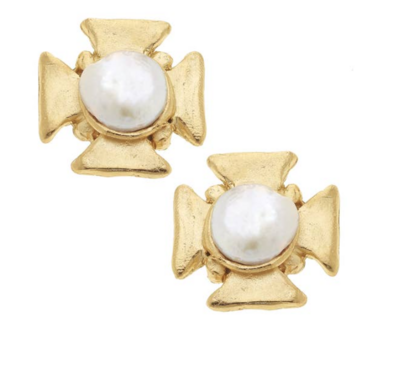Gold Cross/ Genuine Freshwater Pearl Earrings