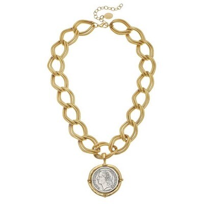 Gold & Silver Coin on Gold Chain Necklace