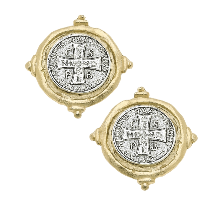 Gold and Silver St Benedict Cross Earring