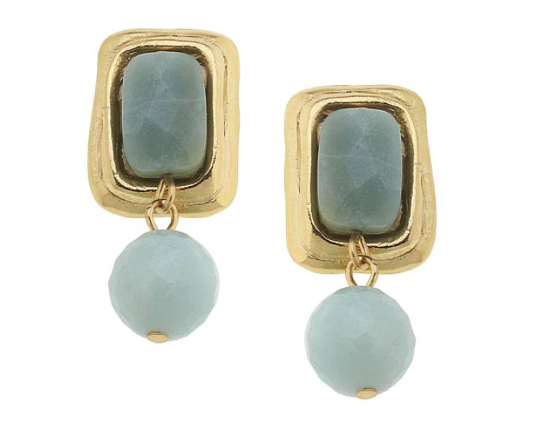 Gold Rectangle and Amazonite Clip On Earrings