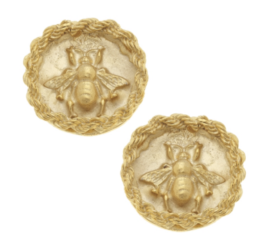 Gold Bee Medalion Clip Earrings