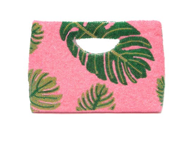 Pink Palm D'or Beaded Clutch