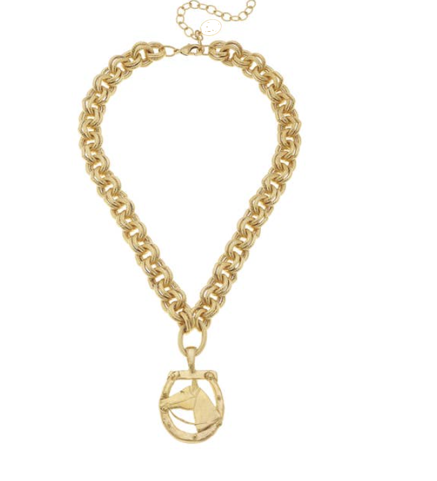Gold Horseshoe and Pendant Necklace