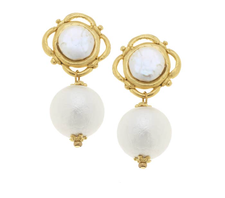 Gold with Coin Pearl and Cotton Pearl Clip Earrings