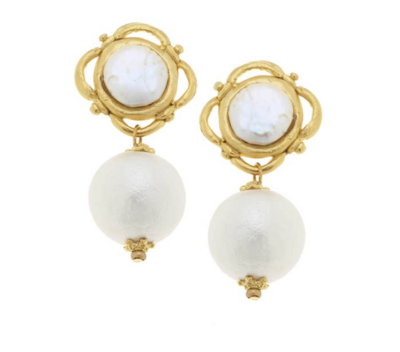 Gold with Coin Pearl and Cotton Pearl Clip Earrings