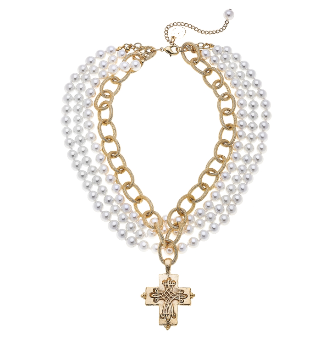 Multi Strand Pearl & Cross necklace