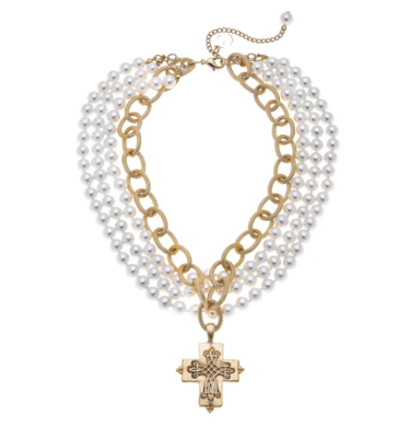 Multi Strand Pearl & Cross necklace