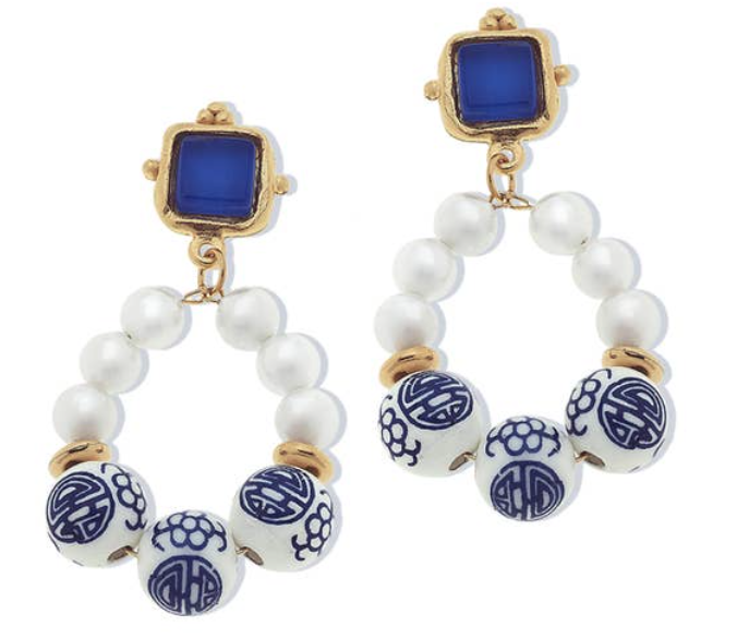 Blue Glass & Porcelain Bead Dangle Earrings
