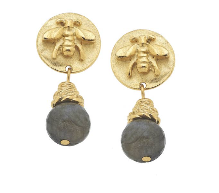 Gold Bee and Genuine Labradorite Earrings