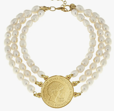 Triple Strand Freshwater Pearl Princess Diana Coin Necklace