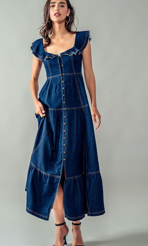 Denim Frayed Sleeve Maxi Dress