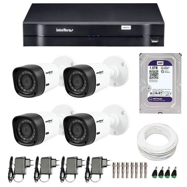 Kit 4 Câmeras de Segurança HD 720p Intelbras VHD 1120B G4 + DVR Intelbras Multi HD + HD WD Purple 1TB + Acessórios