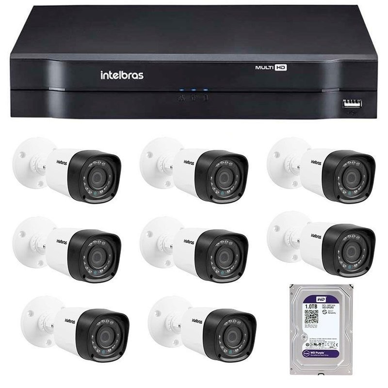 Kit 8 Câmeras de Segurança HD 720p Intelbras VHD 1120B G4 + DVR Intelbras Multi HD + HD WD Purple 1TB + Acessórios