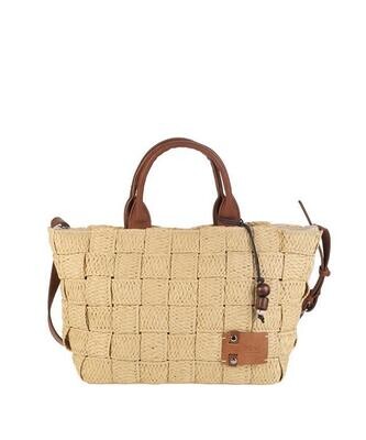 BOLSO MANO Y BANDOLERA RAFIA SINTETICA, CON CREMALLERA, COLOR CREMA