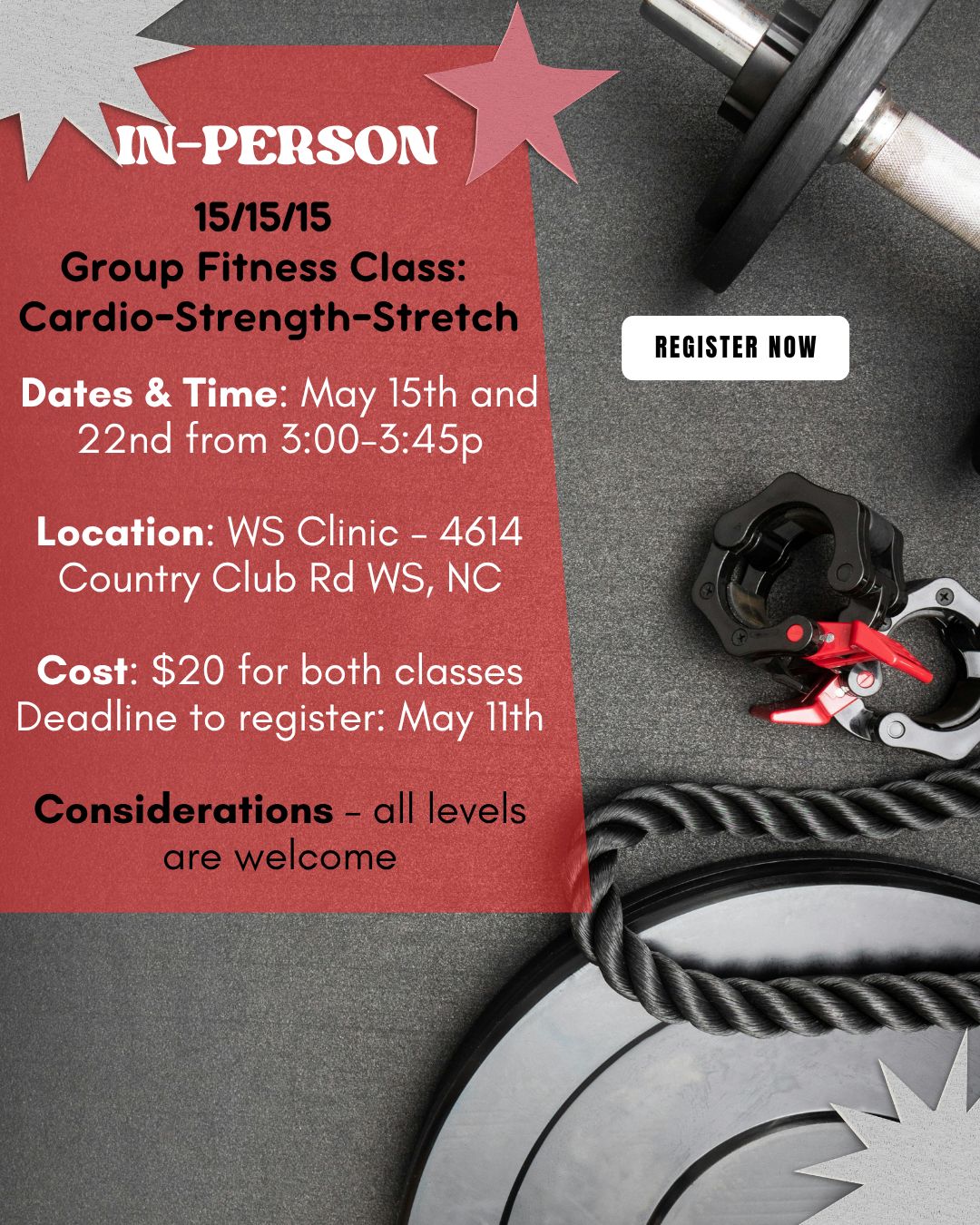 In-Person 15/15/15 (Cardio,Strength,Stretch) Class