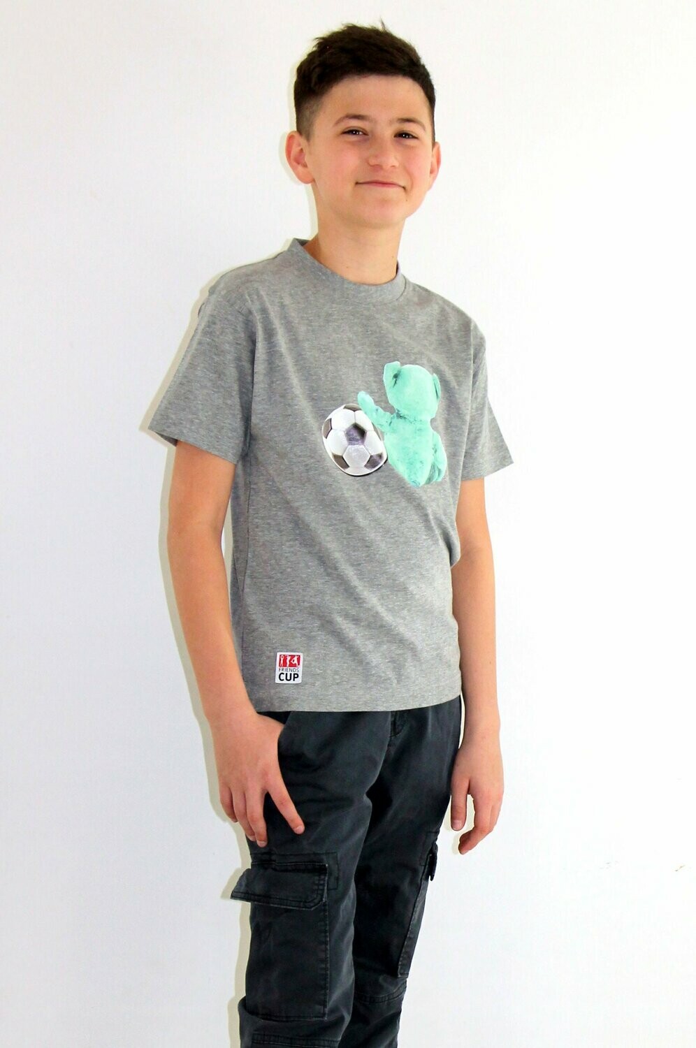 Kids-Shirt Grau mit Aufdruck "Bärchen mit Ball" in Minze