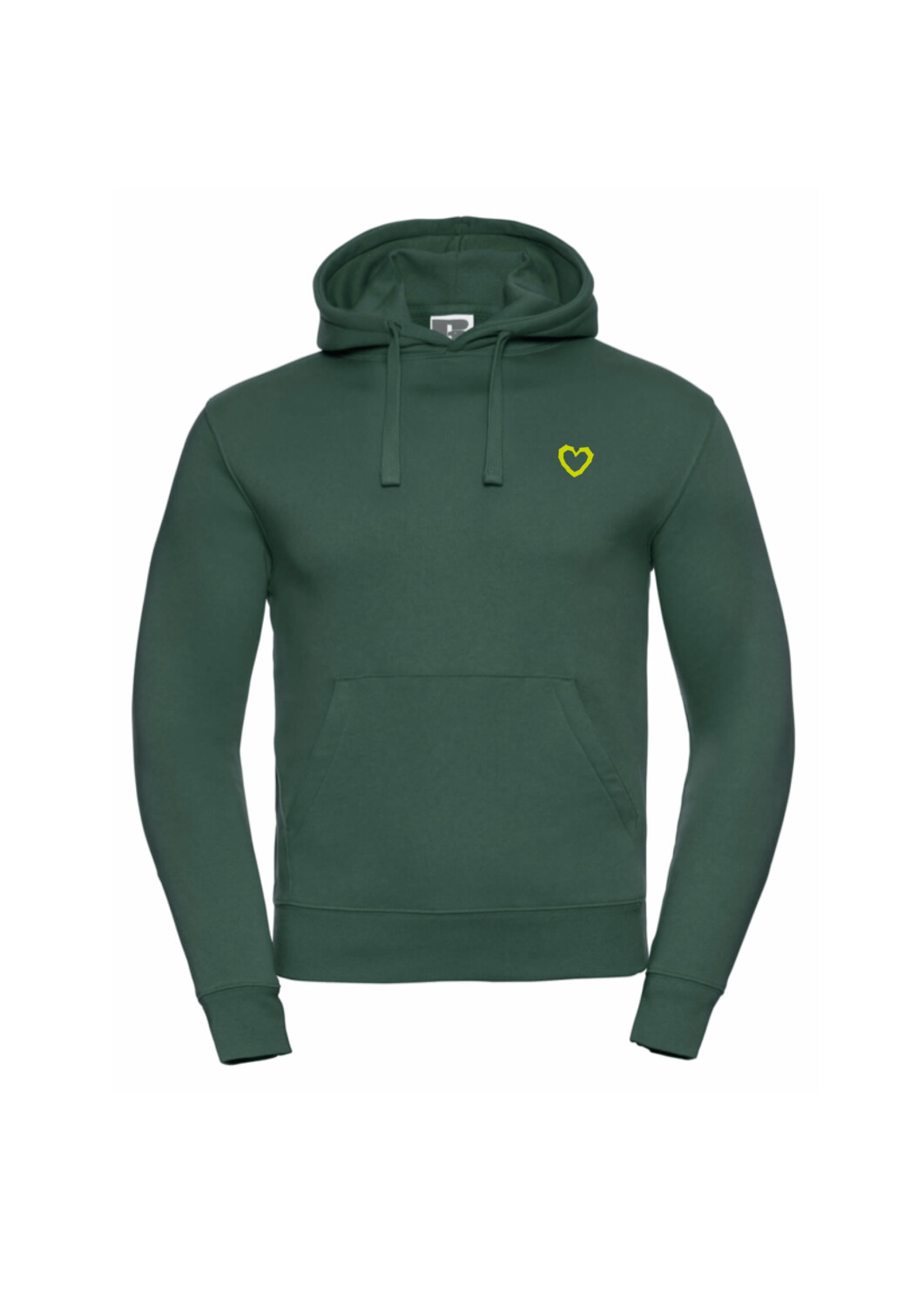 Individueller Hoodie mit Aufdruck  in verschiedenen Farben, Farbe: Bottle Green, Aufdruck: Herz auf Brust, Farbe Aufdruck: Neon Gelb