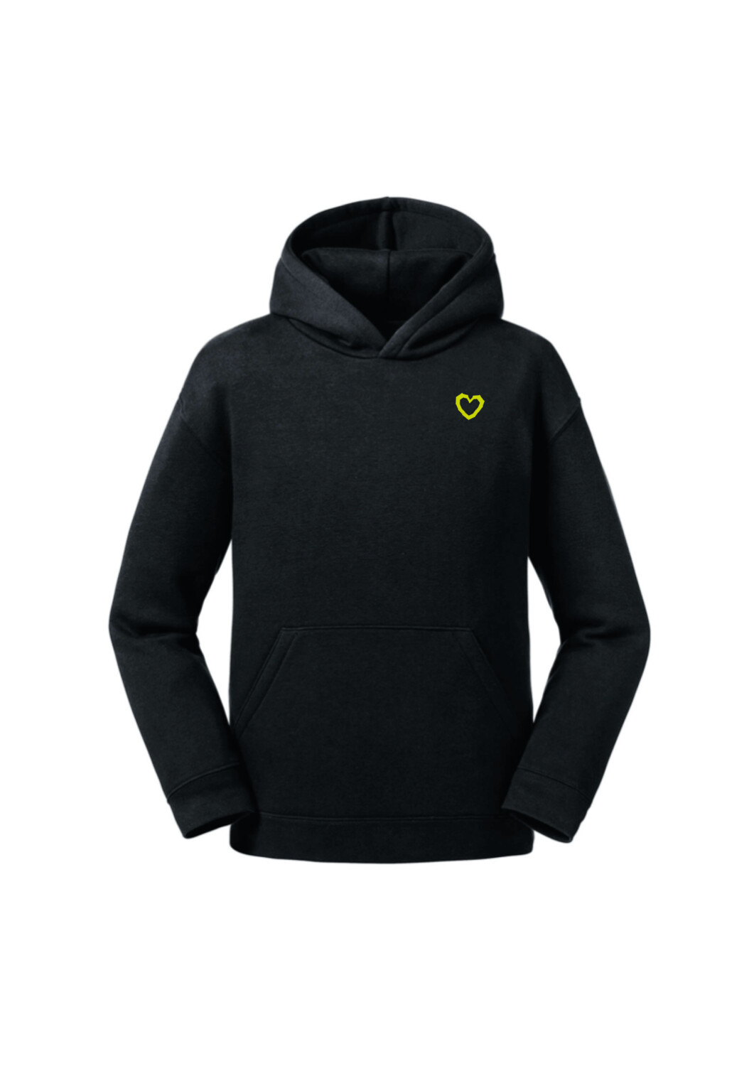 Individueller Kids Hoodie mit Aufdruck "Herz" in verschiedenen Farben, Farbe: Schwarz, Farbe Aufdruck Herz: Neon Gelb