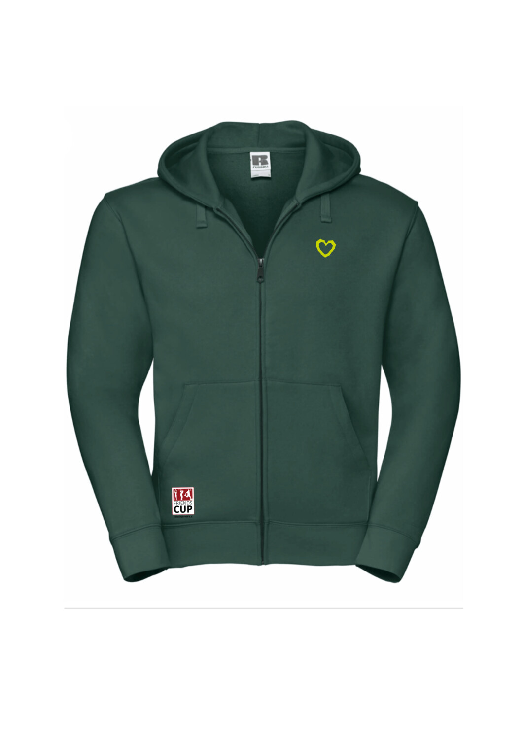 Individueller Zipped Hoodie mit Aufdruck "Herz" in verschiedenen Farben, Farbe: Bottle Green, Farbe Aufdruck Herz: Neon Gelb
