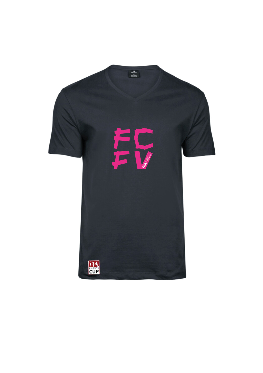 V-Neck Shirt in schwarz mit Aufdruck, Aufdruck: Schriftzug FCFV, Farbe Aufdruck: Neon Pink